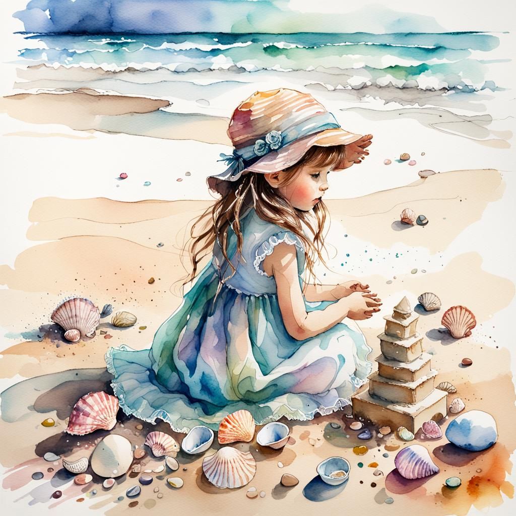 Charming Doll Makes Sandcastles: Watercolor Pastel Art
