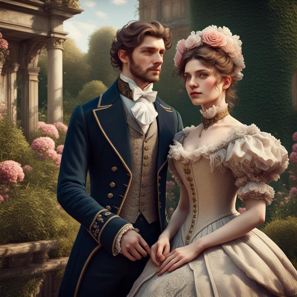 Regency Couple in Victorian Garden, Digital Art