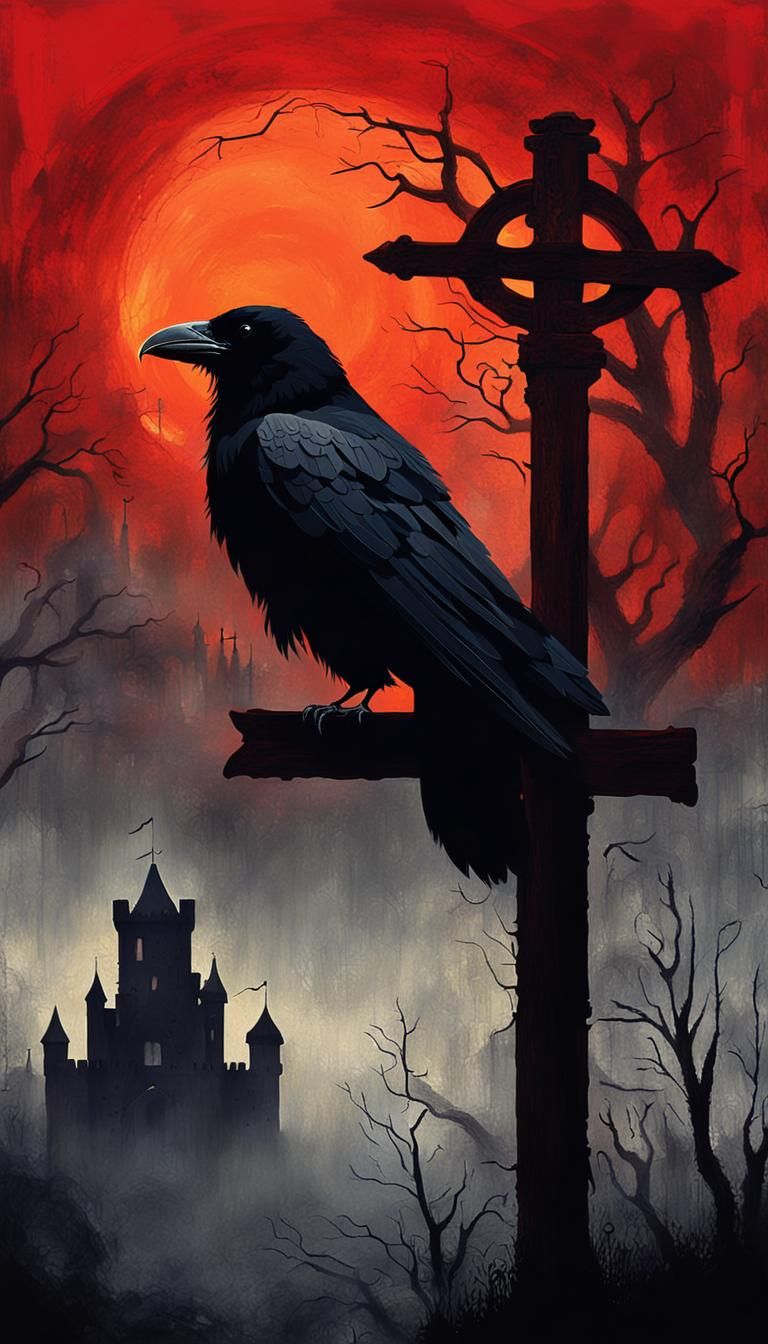 An oil painting depicting a gloomy castle shrouded in a mist...