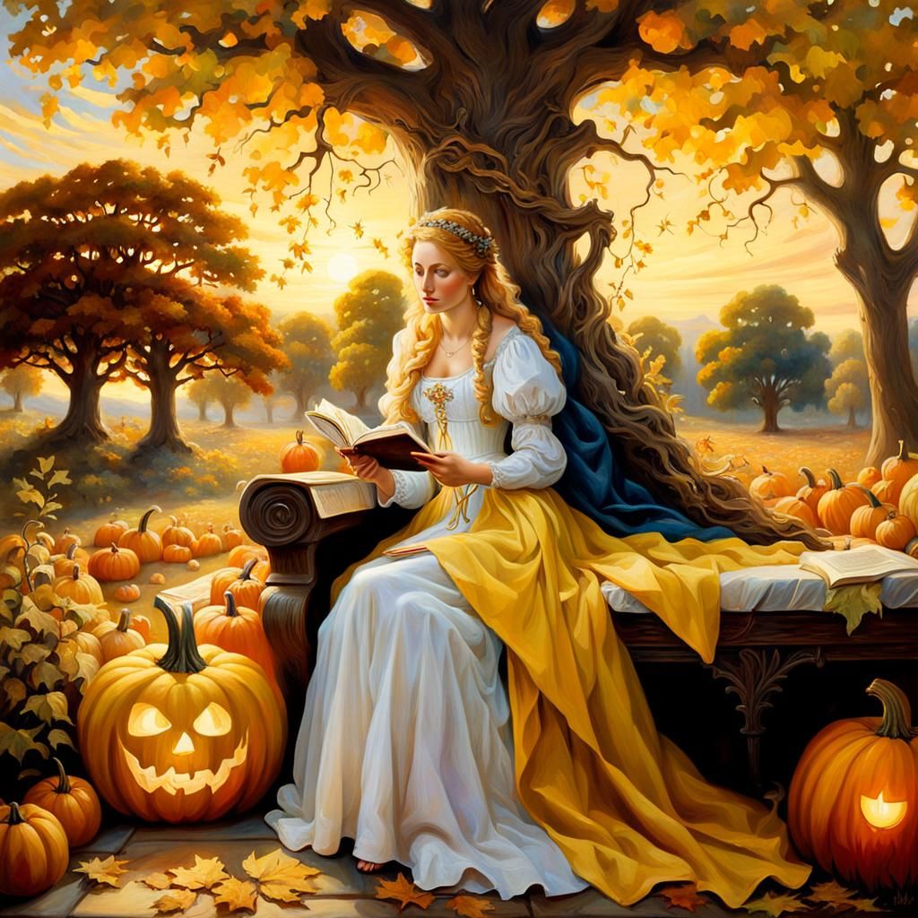 Ethereal Maiden Reading at Sunset: A Pre-Raphaelite Fairytal...