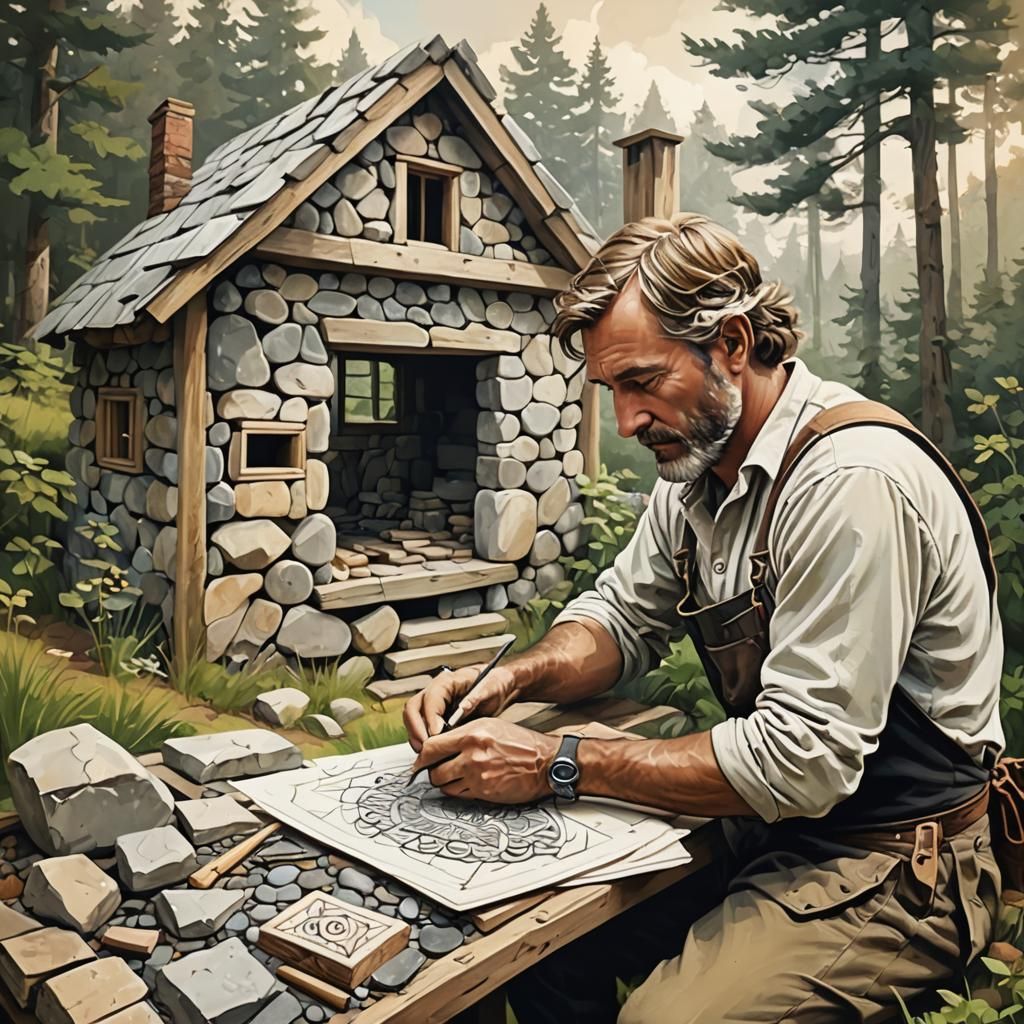Stone Mason Building Cabin in Zentangle Style