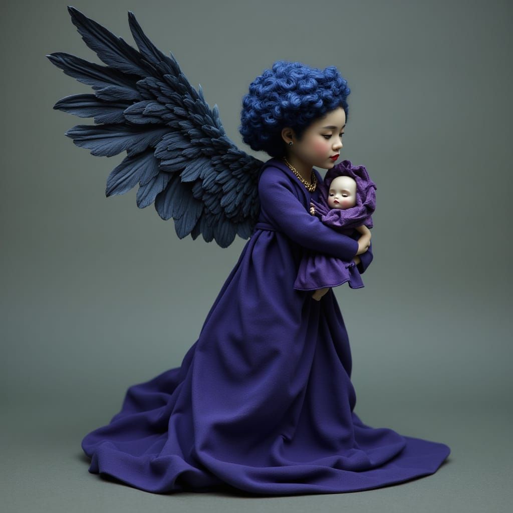 Dark Blue Angel Holding Porcelain Doll