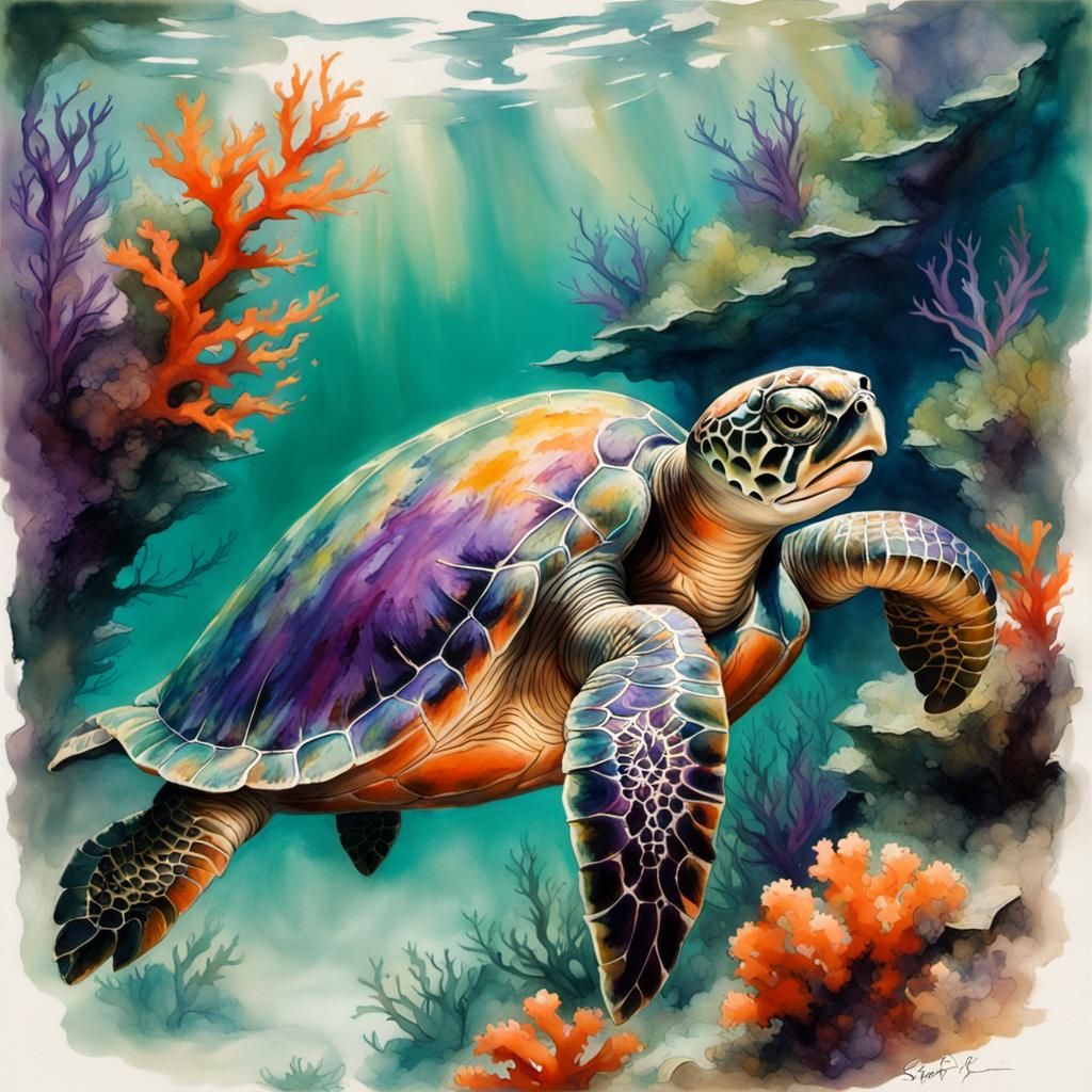 Sea Turtle in Coral: Sumi-e Style Digital Art