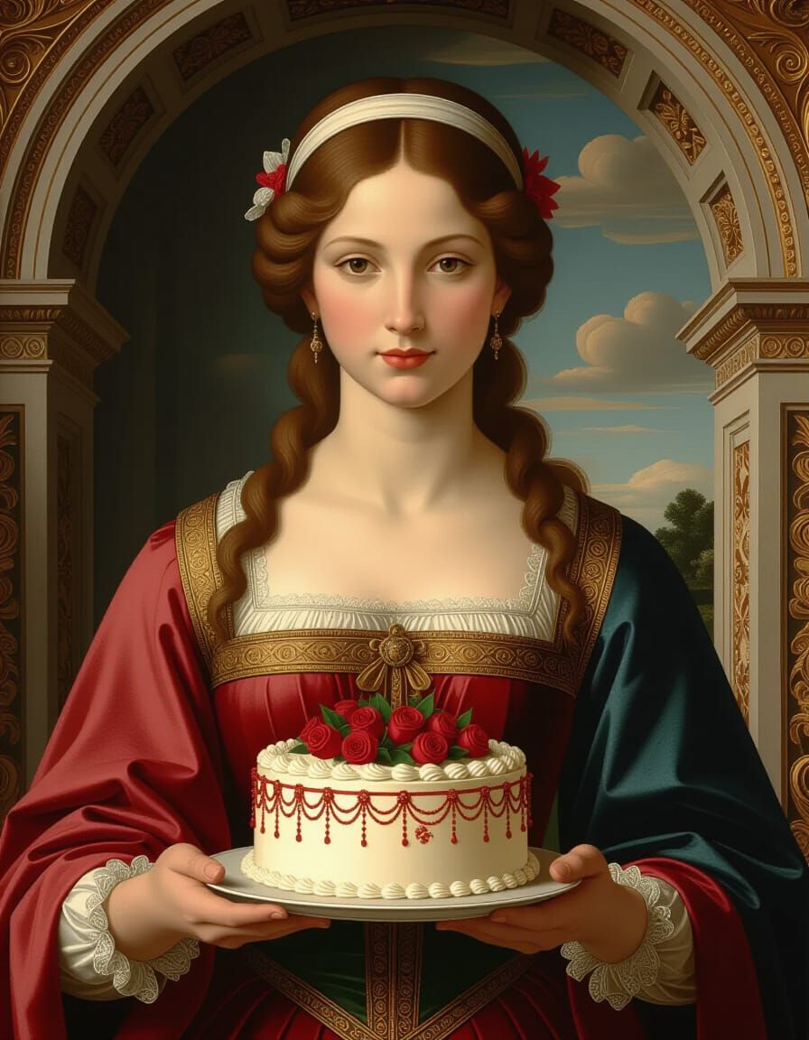 Renaissance Woman Offers Birthday Cake in Michelangelo Style