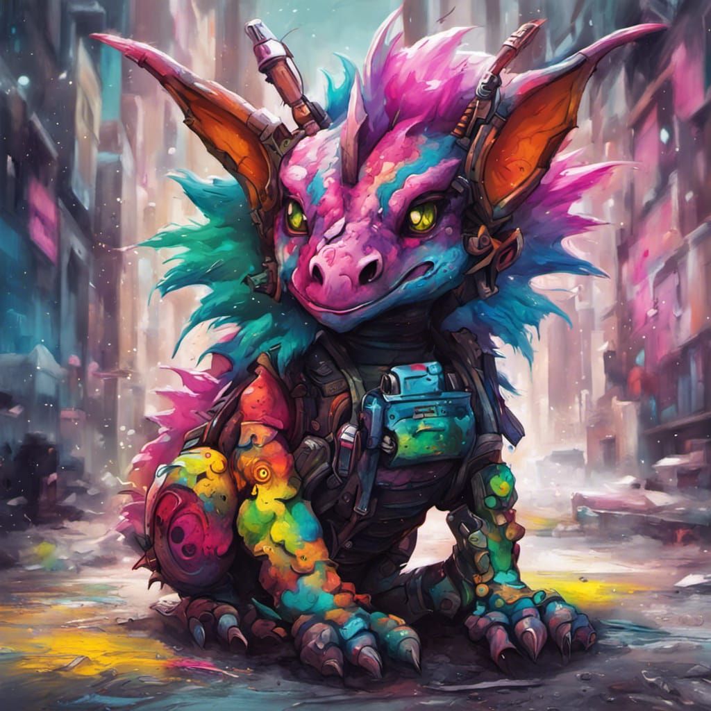 Cute Cyberpunk Dragon in Graffiti Splash Art Style