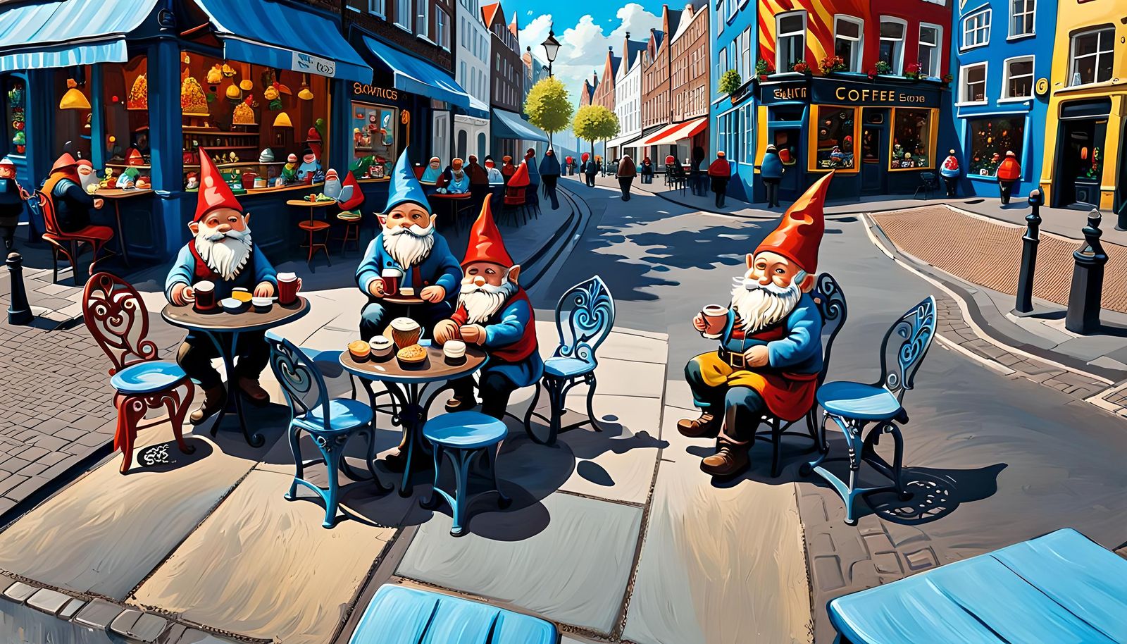Gnomes Enjoying Coffee in Amsterdam: Expressionist Painting