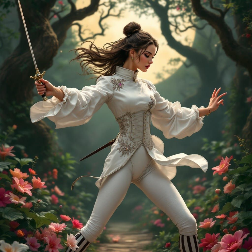 Ethereal Fencing Maiden in Moonlit Garden