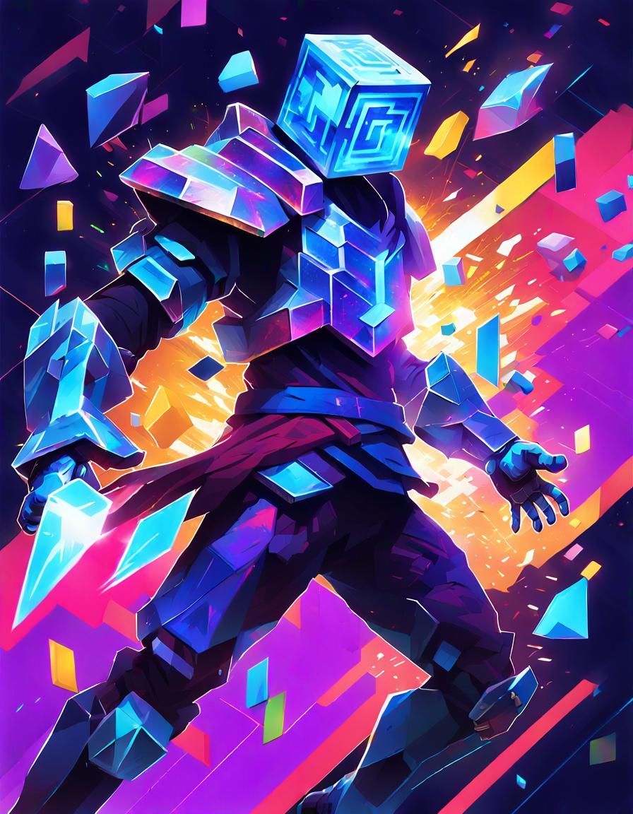 Cyberpunk Warrior with Glitch Cube in League of Legends Styl...