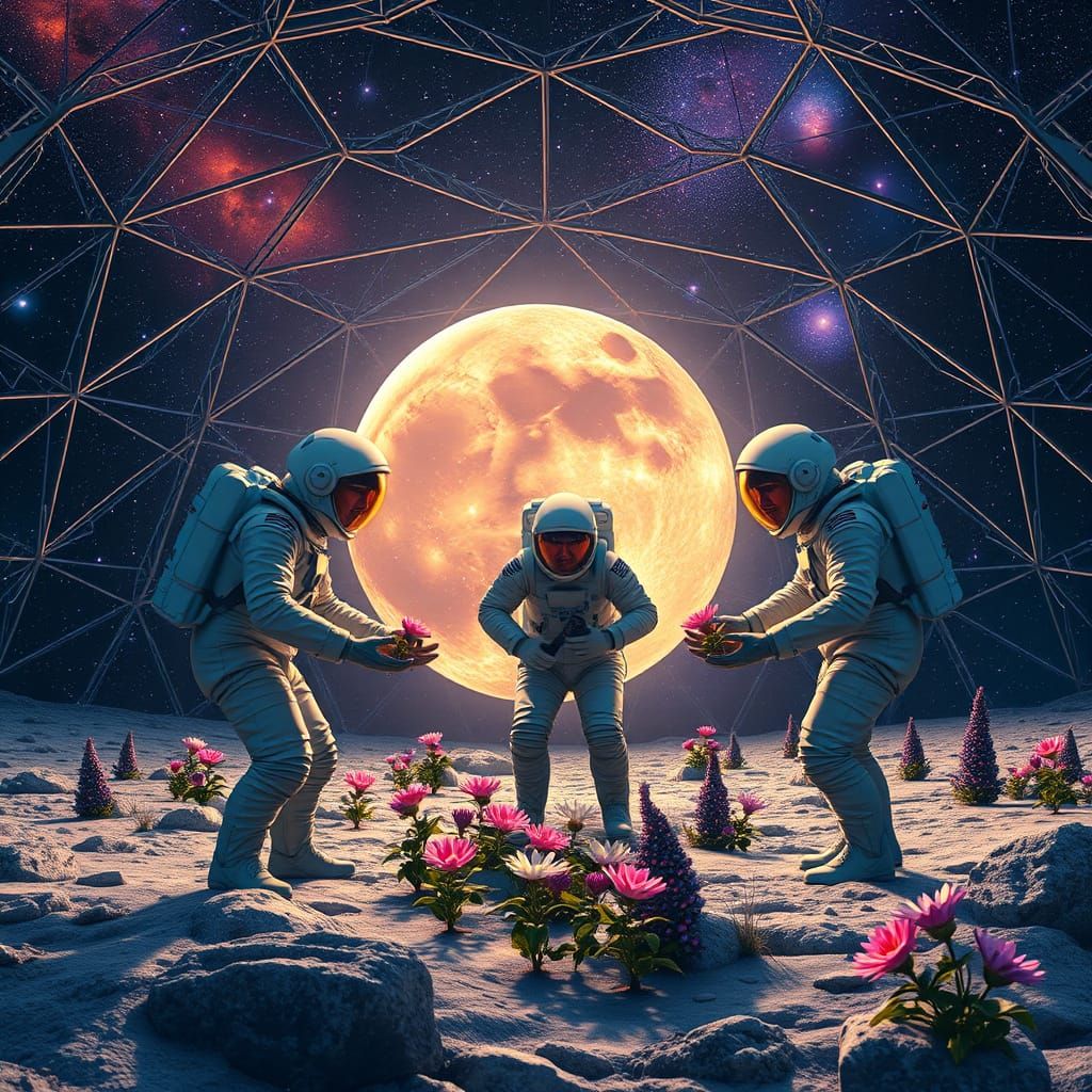 Astronauts Tend Galactic Flowers in Lunar Dome
