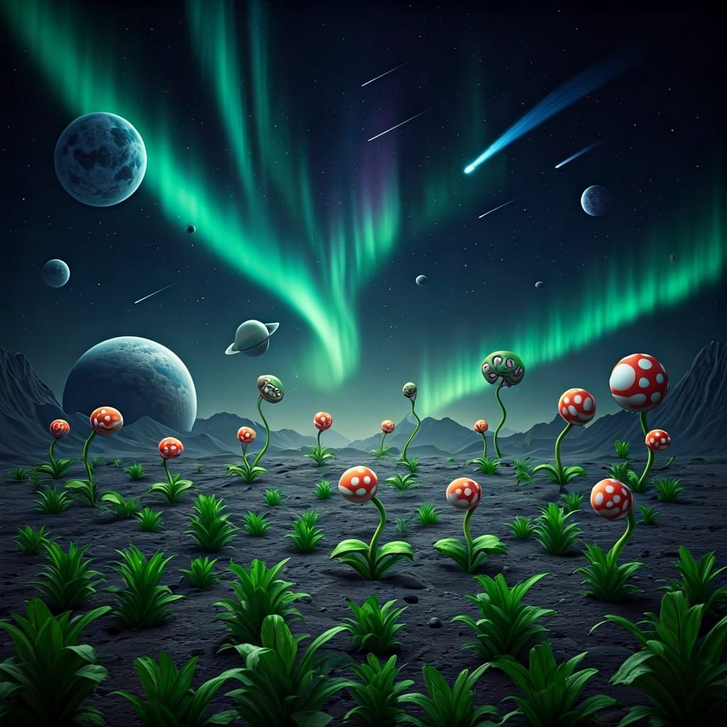Hyperrealistic Moon Garden with Piranha Plants