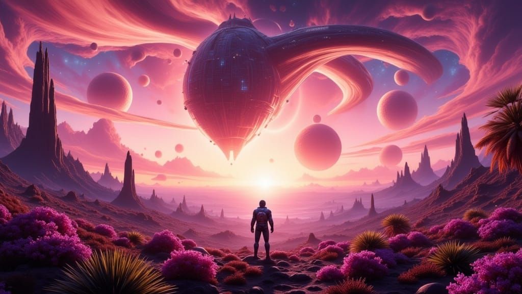 Alien Landscape with Astronaut and Geometric Spacecraft