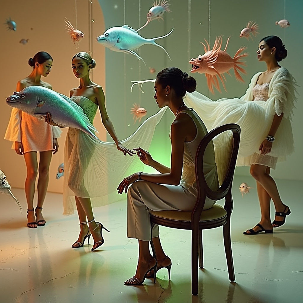 Elegant Figures in Surreal Sci-Fi Lab, Magical Realism