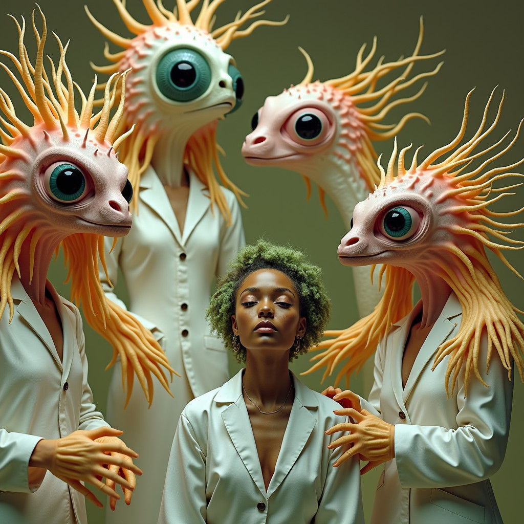 Surreal Laboratory Scene with Exotic Figures