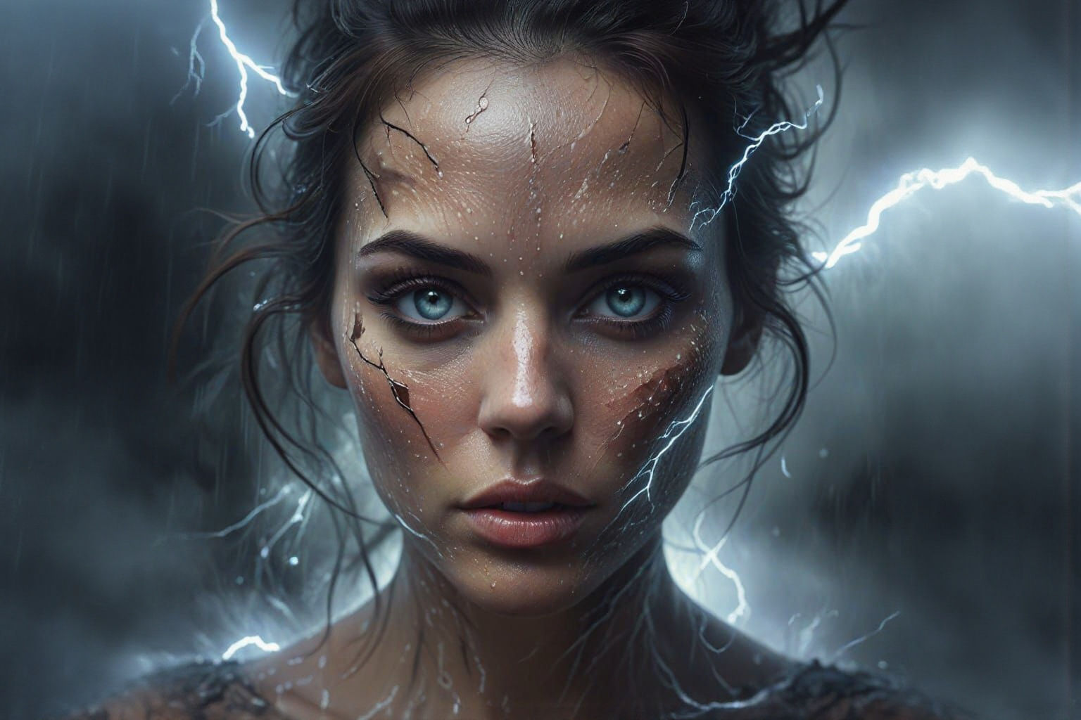 Haunting Beauty: Woman with Bold Makeup and Lightning