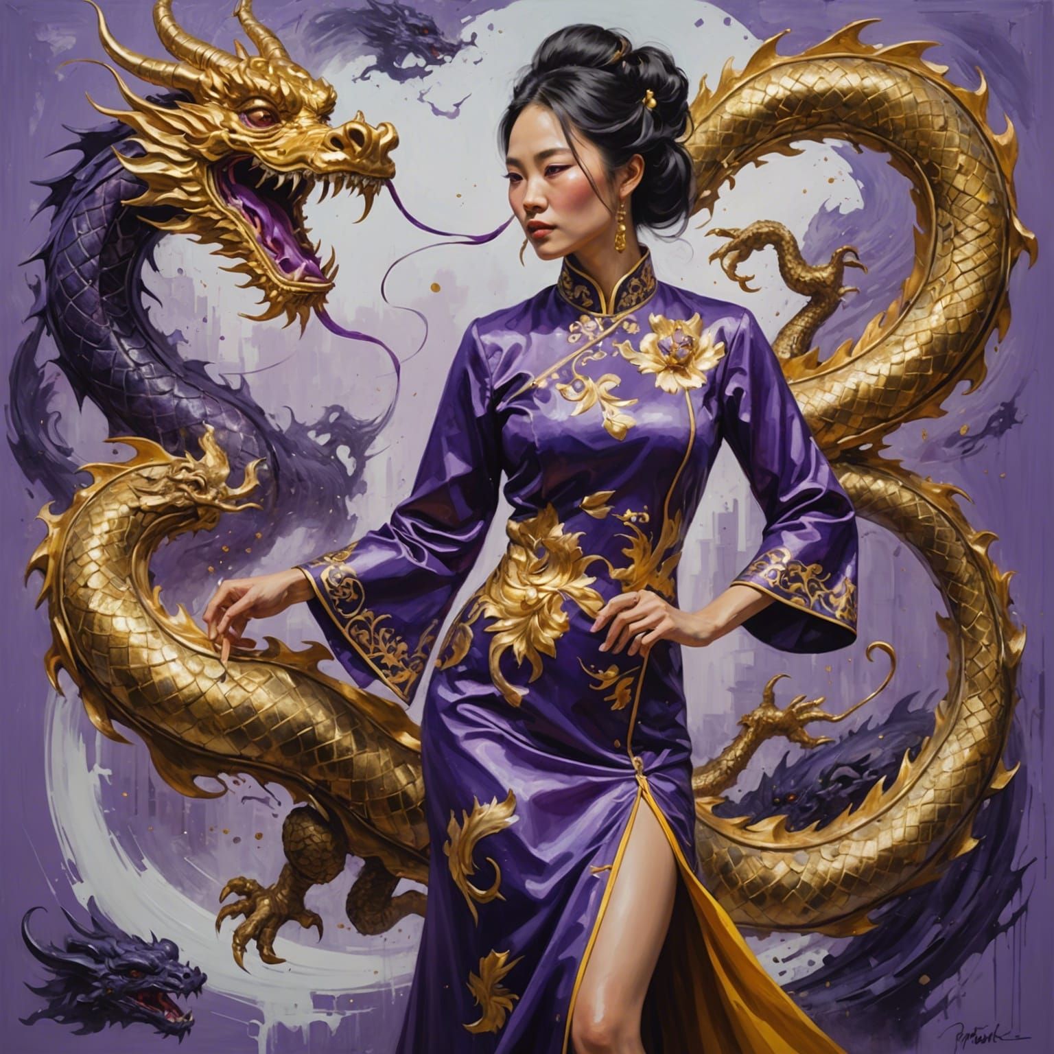 Woman Crushes Dragon: Impasto Art Masterpiece