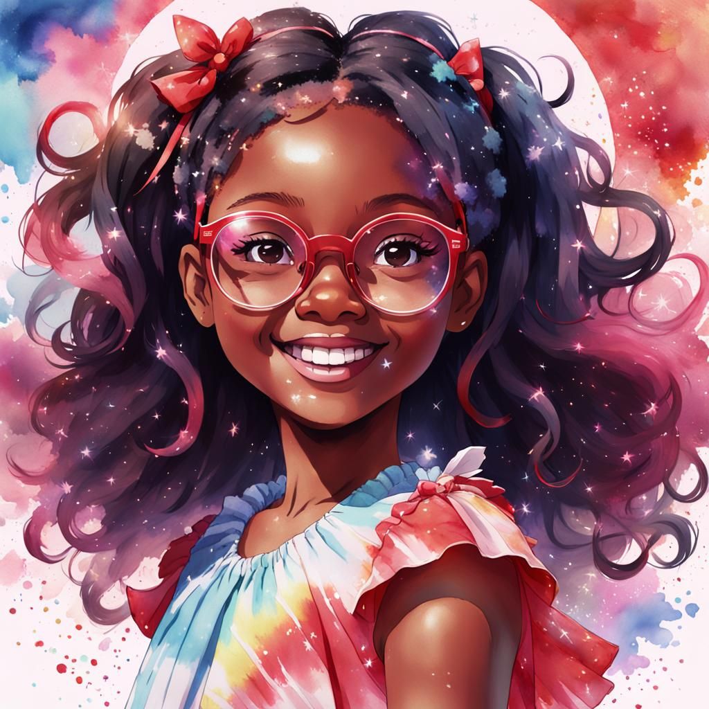 Anime Portrait of a Black Girl with Red Glasses