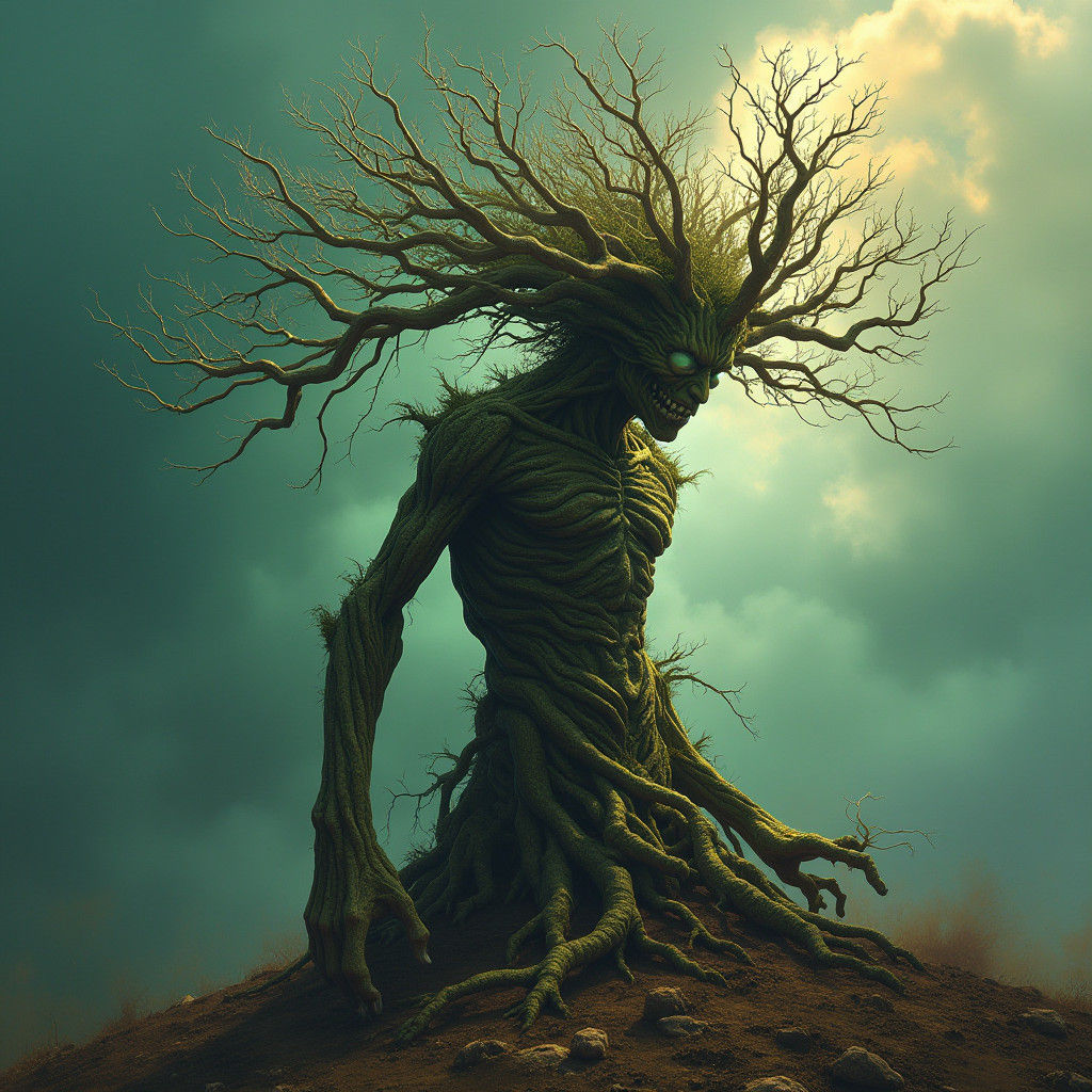 Humanoid Tree with Roots in Hyperrealistic Style