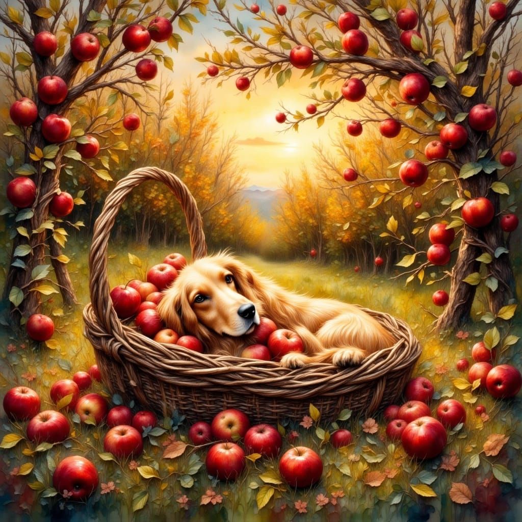 Autumn Orchard Sunset With Sleeping Dog