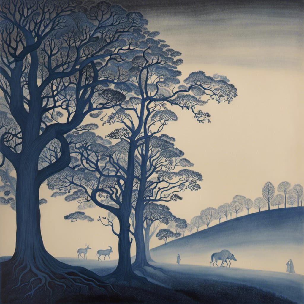 Blue Ink Shadow Drawing Inspired by Romanticism