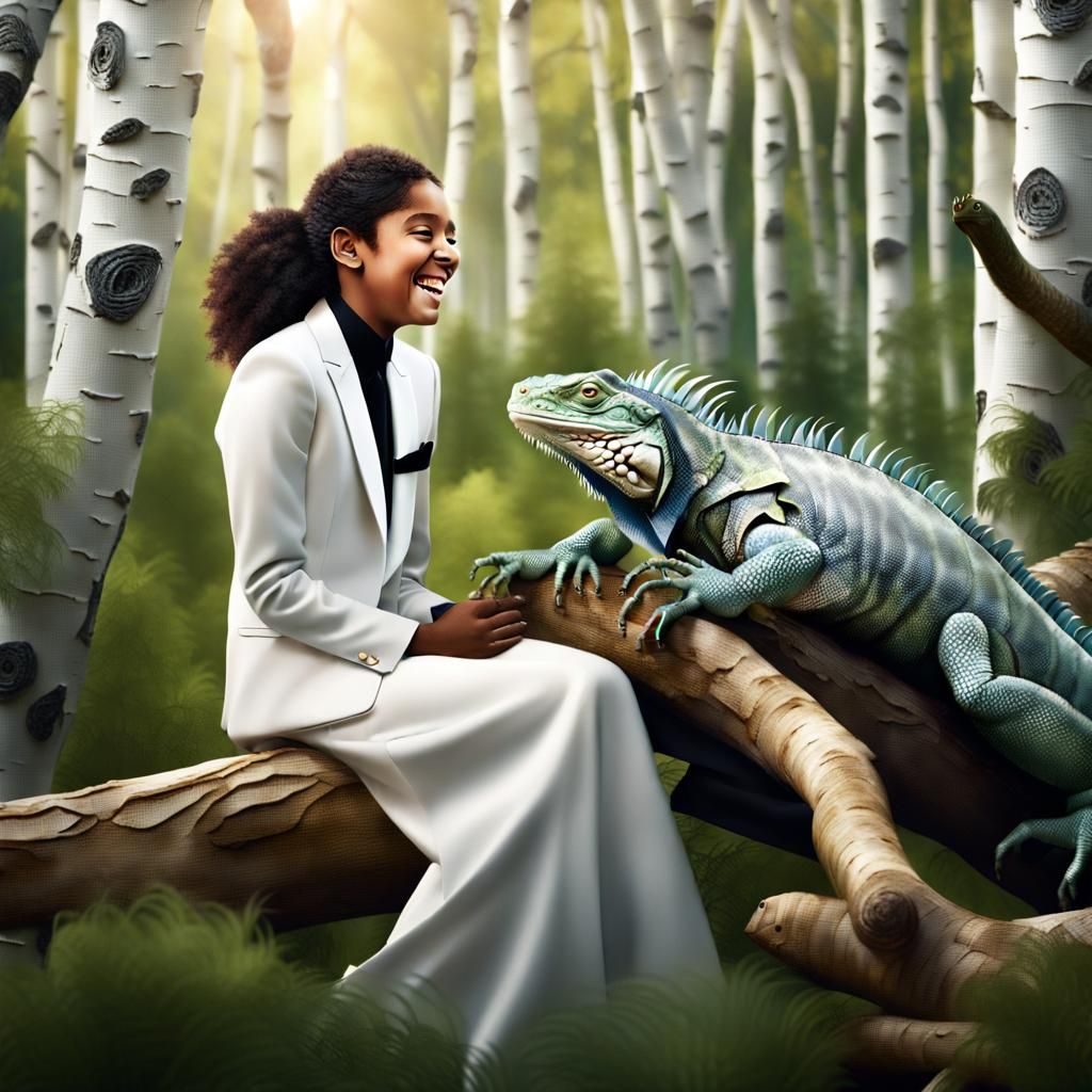 Laughing Woman Hugs Iguana in Birch Forest
