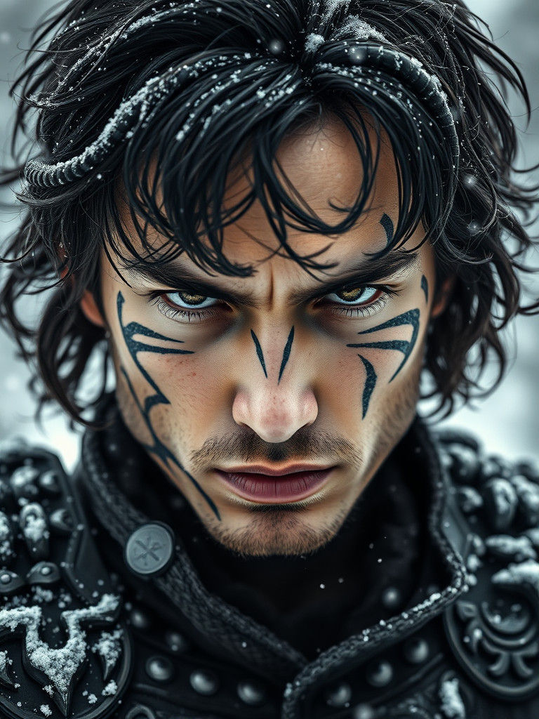 Intense Portrait of Snow-Dusted Warrior in Winter