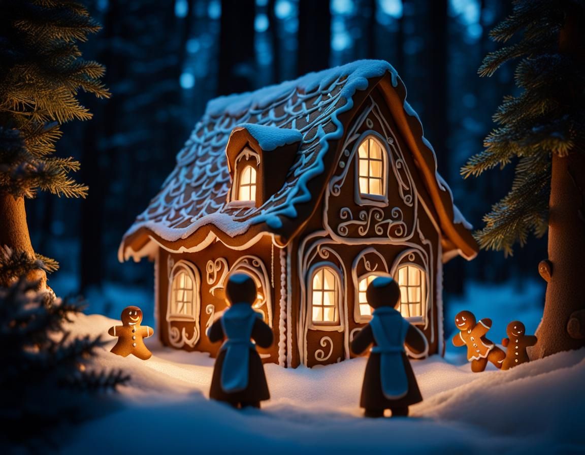 Gingerbread House in Dark Forest at Magic Hour