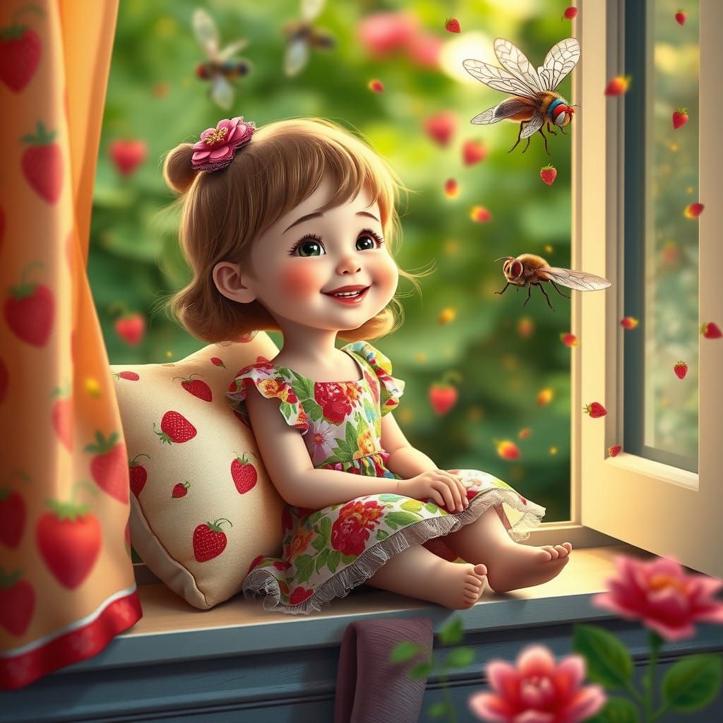 Whimsical Girl in Floral Dress Surrounded by Vibrant Greener...