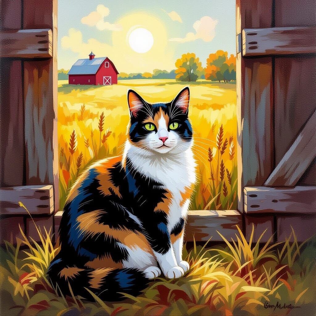 Calico Cat Lounging in Sunny Barn, Oil Painting Style