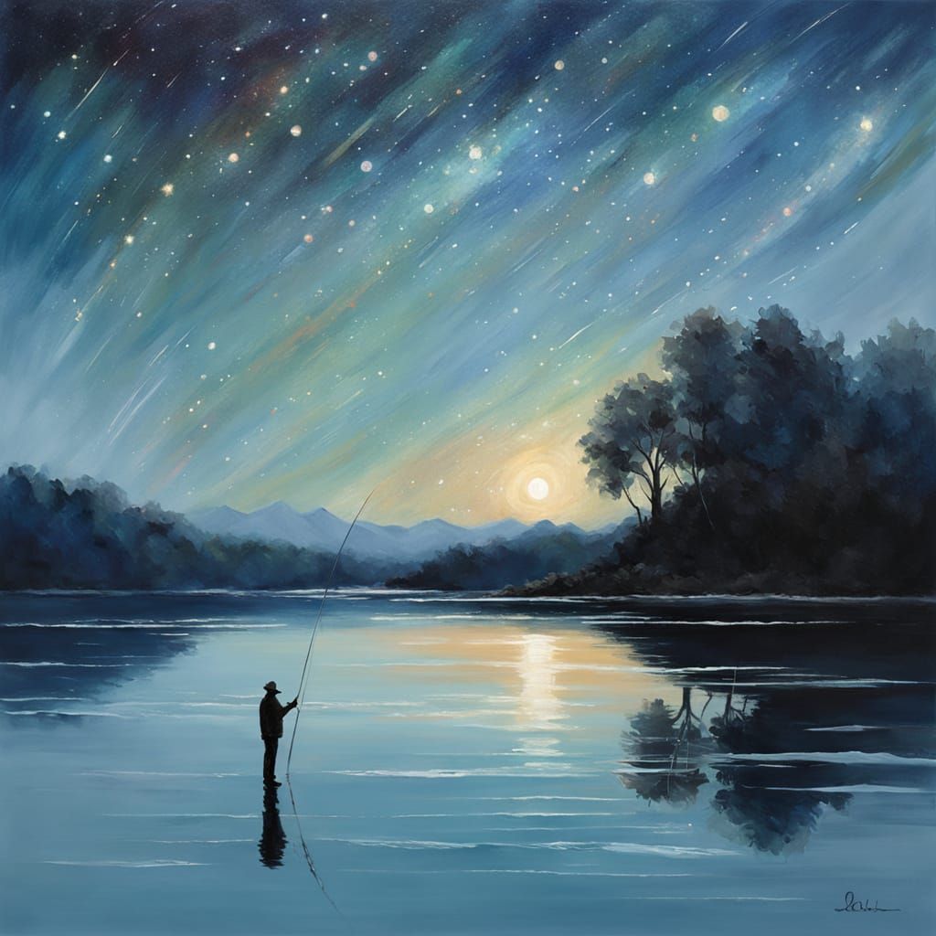 Fisherman Casts Line to Stars: Impressionist Oil Painting