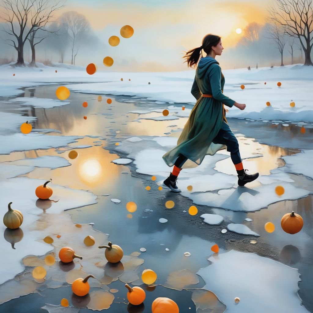 Woman Running on Ice with Gourds: Mixed Media Collage
