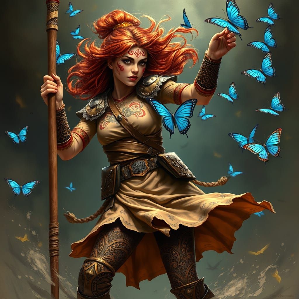 Fierce Female Warrior Dances with Fauchard in Vibrant, Dream...