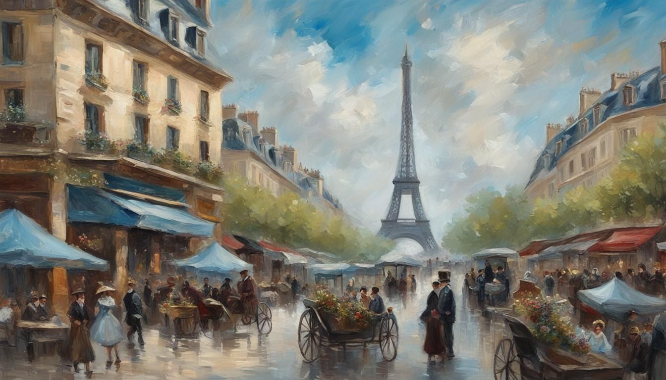 (2) Bustling French street market in the shadow of the Eiffe...