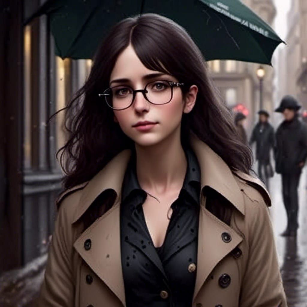 Rainy Street Corner Portrait of Woman in Trenchcoat