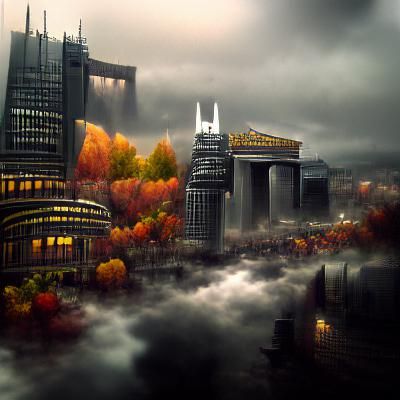 Brooding Autumn Metropolis: Detailed Matte Painting