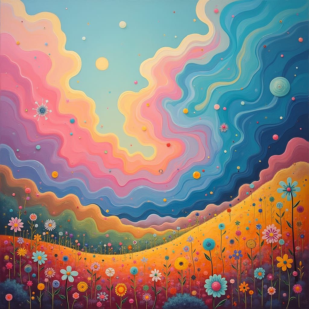Surreal Pastel Landscape with Smiling Face, Abstract Art