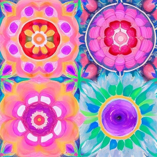 Pink and Purple Flower Mandala in Gouache Style