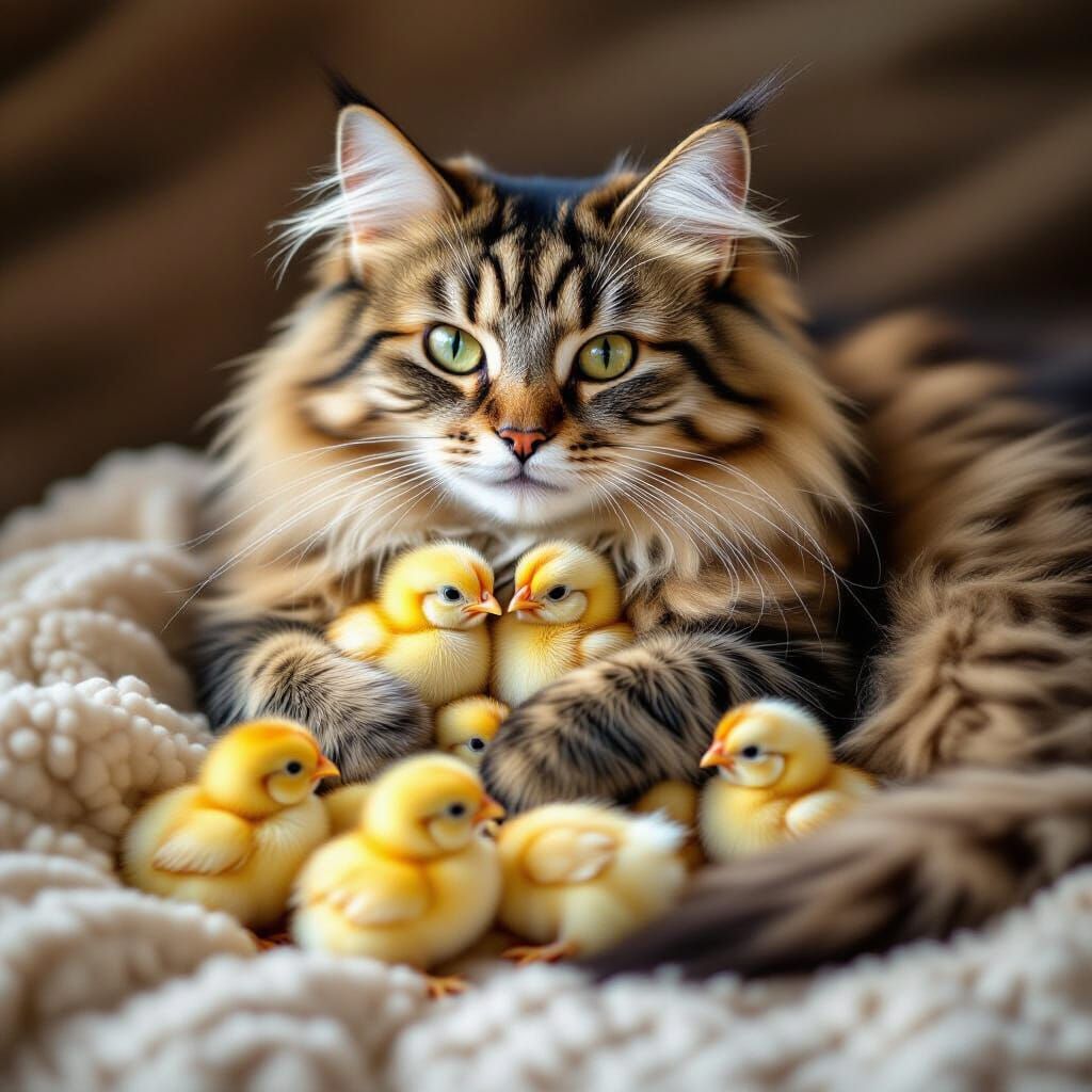 Mama Cat Nurtures Baby Chickens in Watercolor Style