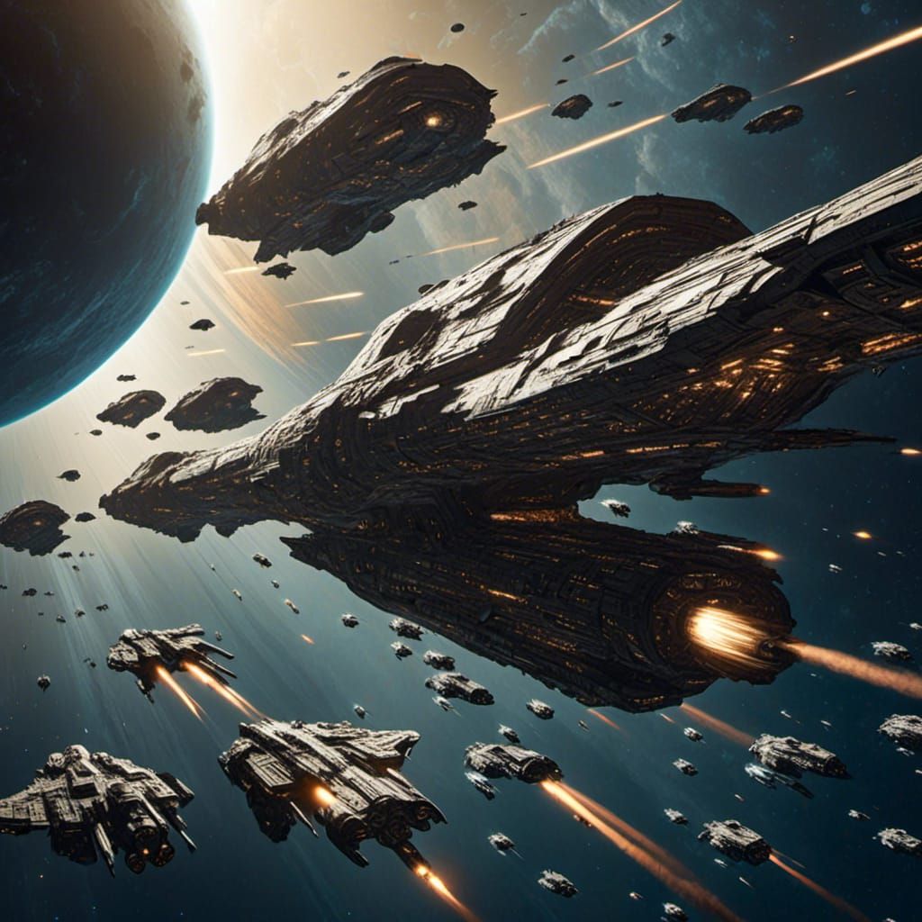 Futuristic Spaceships Preparing for Hyperspace Jump