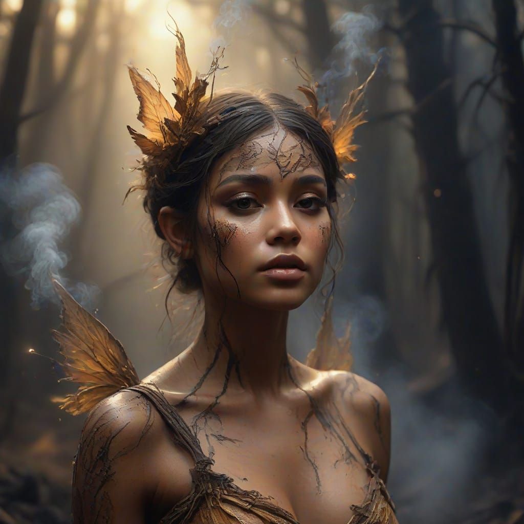 Smoke and Ash Fairy in Charred Forest, Oil Painting