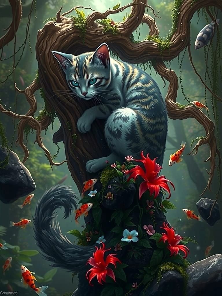 Whimsical Cat Enchanted in a Mystical Forest