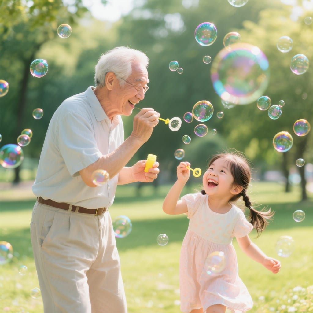 Joyful Grandfather and Granddaughter Blowing Bubbles in Park