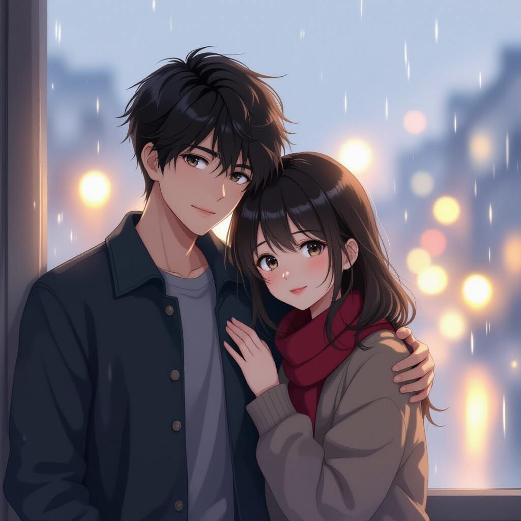 Anime Couple Behind Foggy Window in Anime-Realism