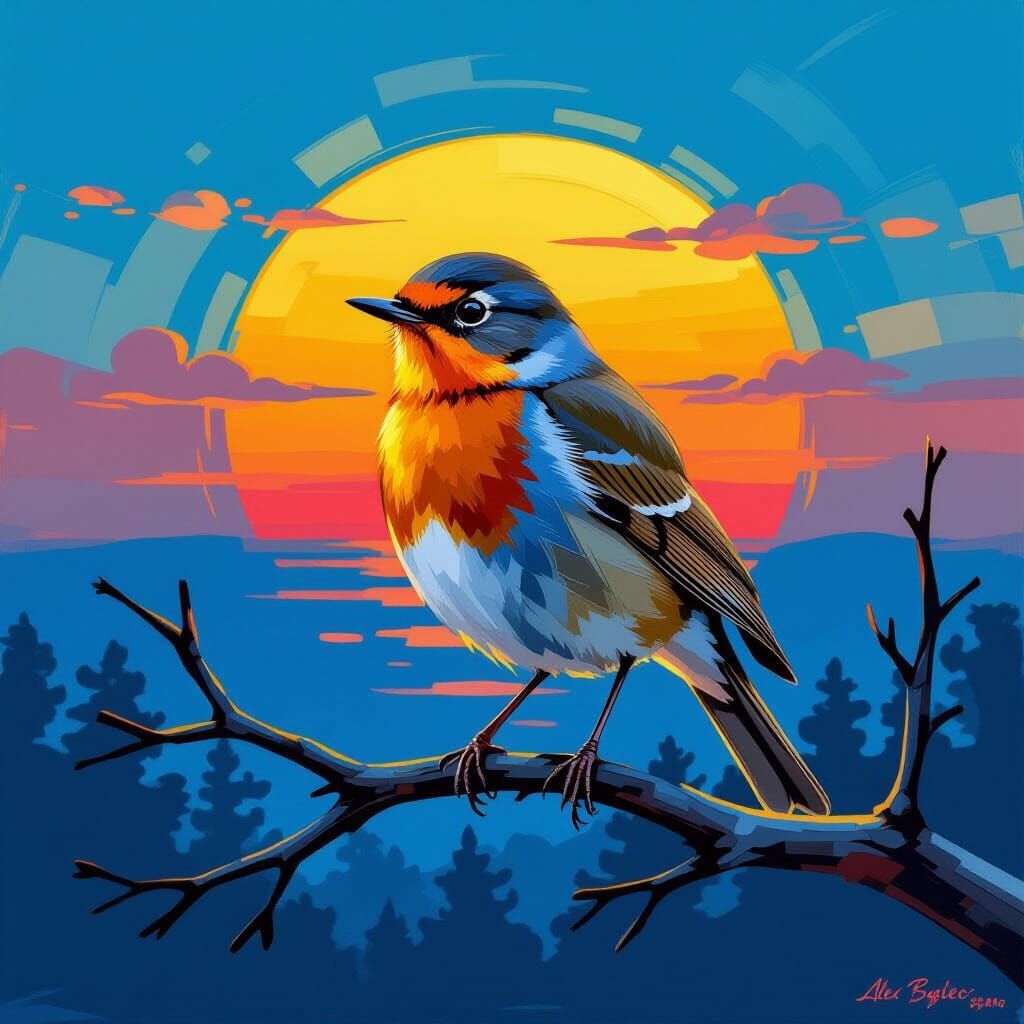 Robin on Branch at Sunset: Stylized Painting