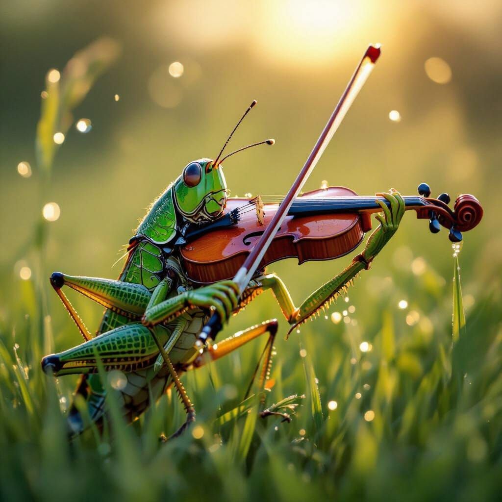 Grasshopper Musician with Shimmering Dew Drops