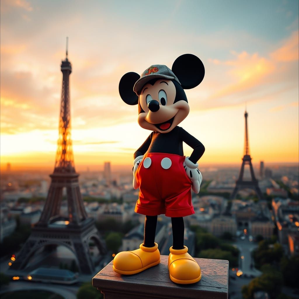 Mickey Mouse Basks in Sunset Glory atop the Eiffel Tower