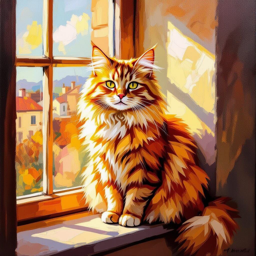 Regal Ginger Cat in Warm Sunlight, Impasto Style