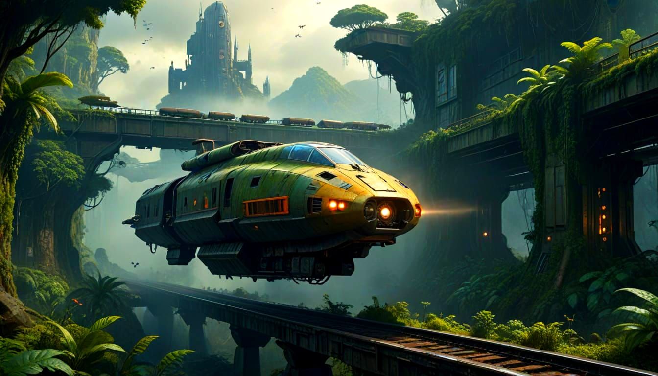 Futuristic Spacecraft Races Old Train in Overgrown Jungle