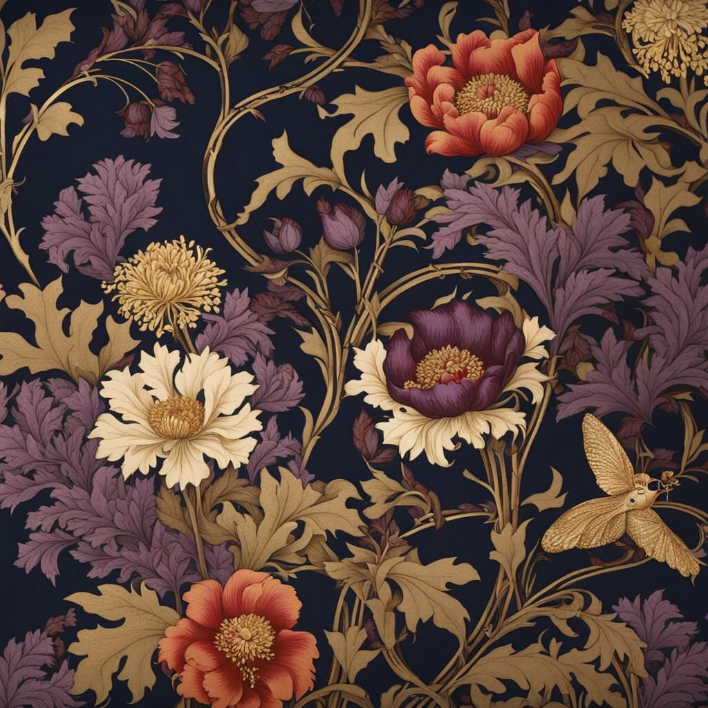 Purple Botanical Wallpaper in William Morris Style
