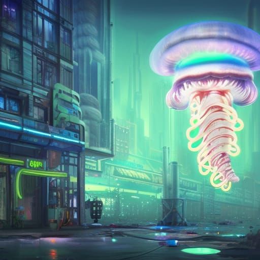 Neon Jellyfish in Post-Apocalyptic Fantasy City