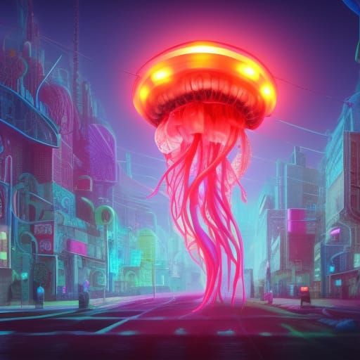 Neon Jellyfish in Post-Apocalyptic Fantasy City